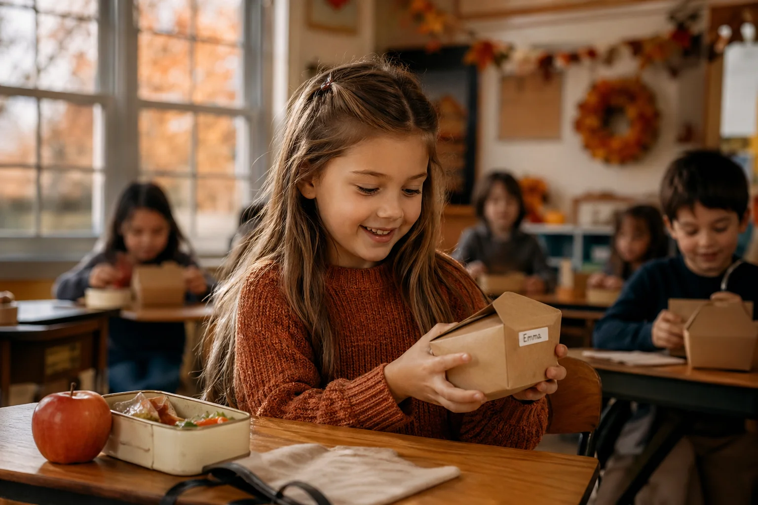 A young girl sitting at a school desk holds a small brown lunch box with her name printed on the label, smiling softly in a warmly lit classroom.