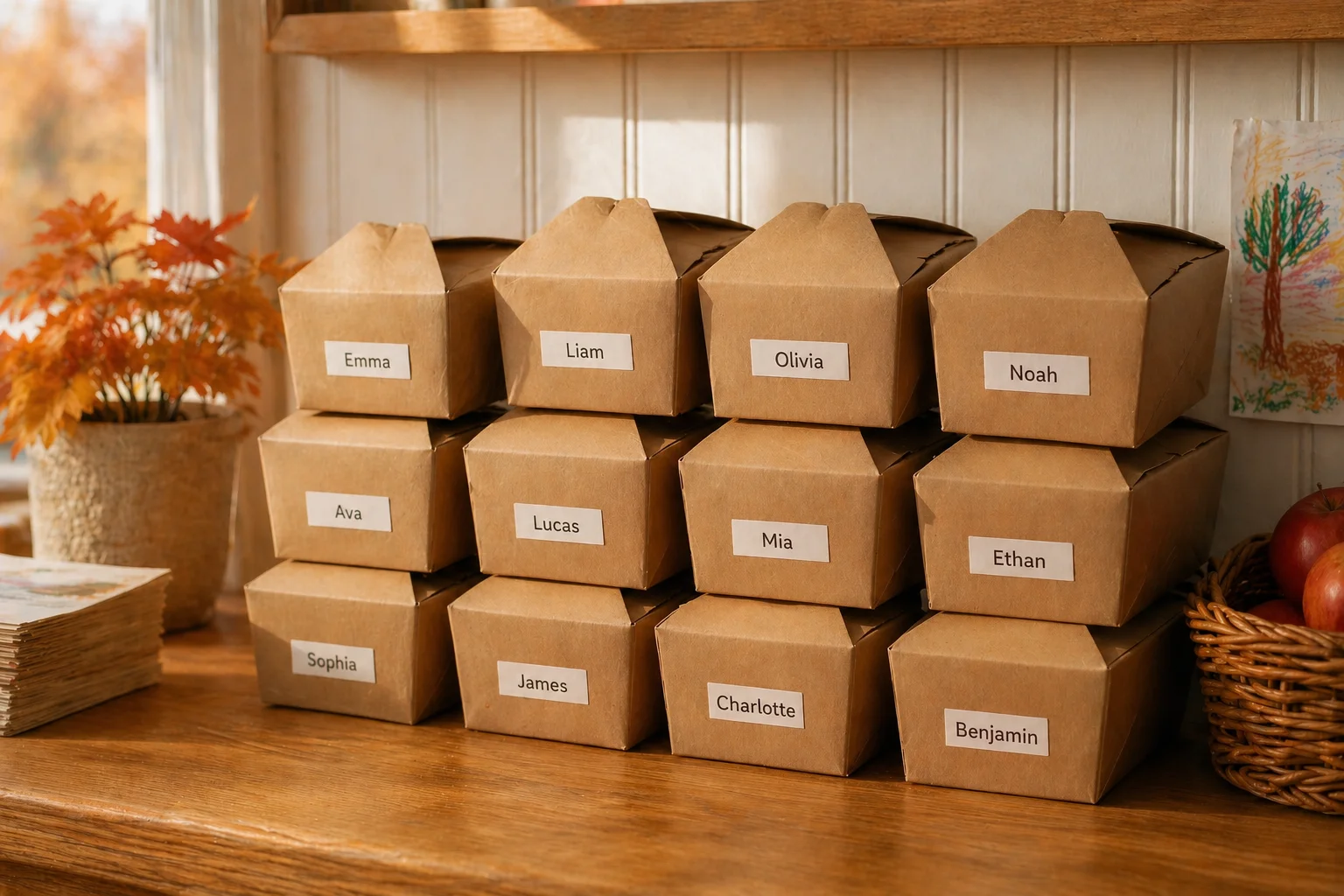 Neatly organised brown lunch boxes sorted by classroom, each labelled with a student's name, ready for school delivery.