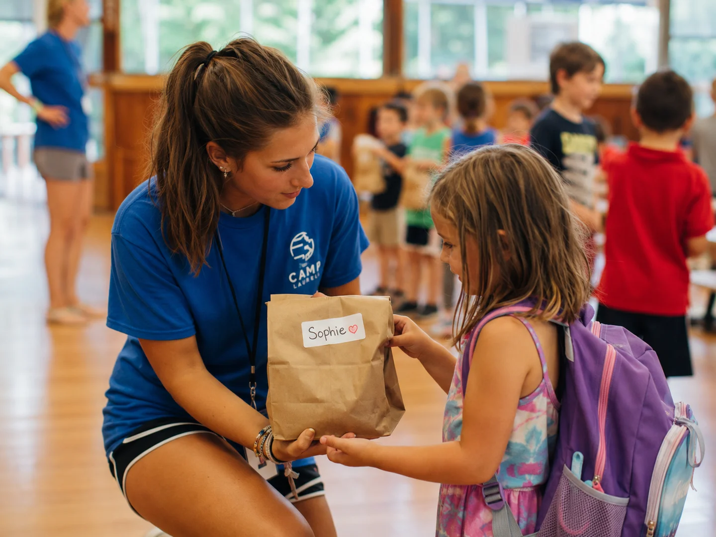 A summer camp counselor handing a labeled lunch bag to a child, checking allergy information on the name tag