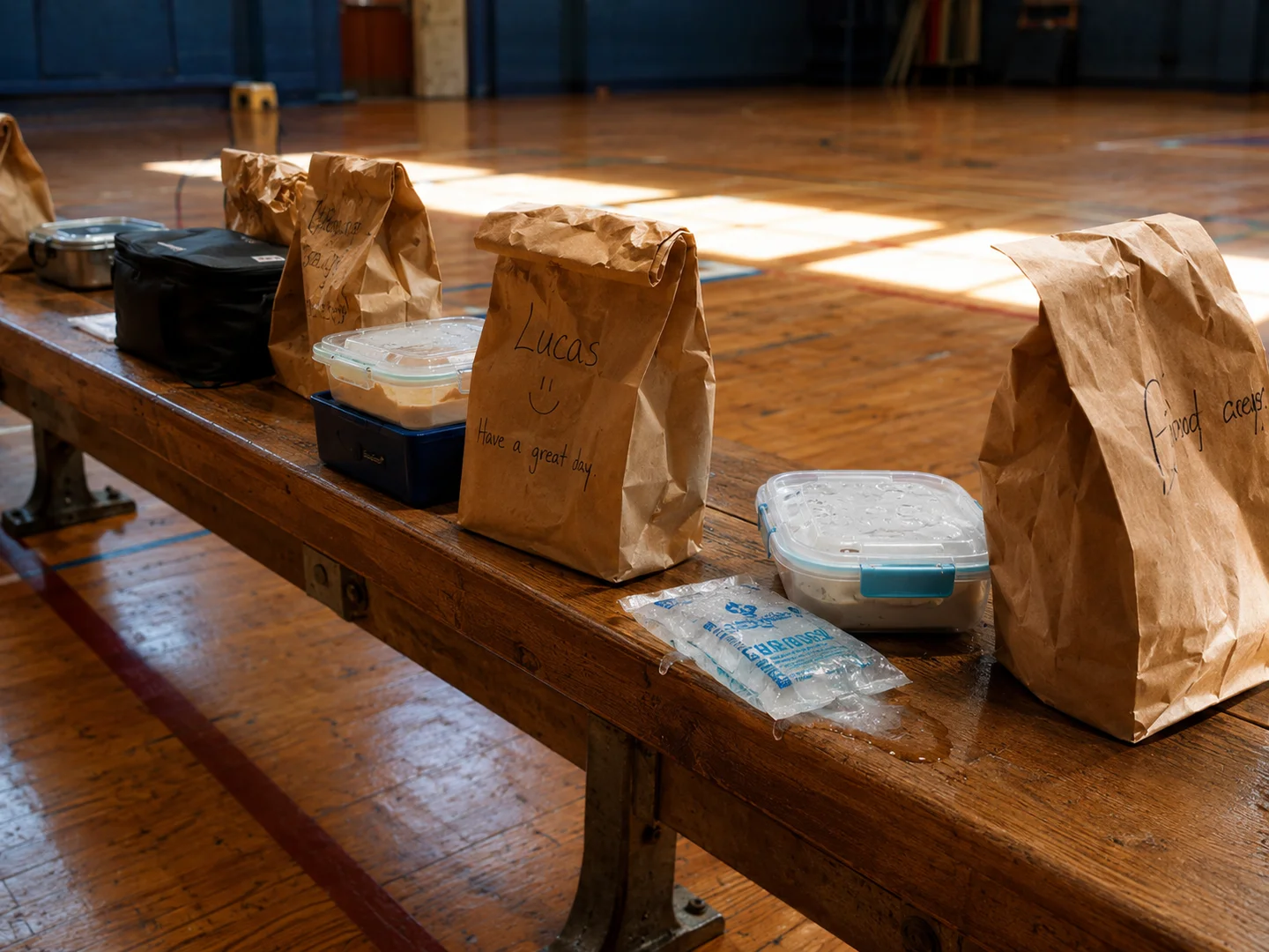 Packed lunch bags and a melted ice pack sitting on a bench in a warm gymnasium at a summer day camp