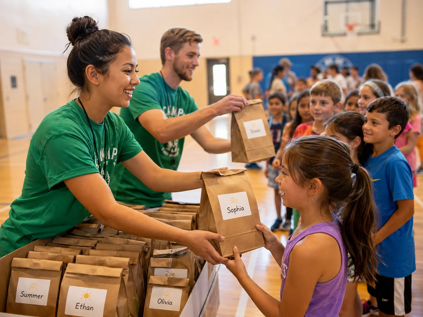 Two counselors handing out individually labeled lunch bags to a line of children at a summer day camp
