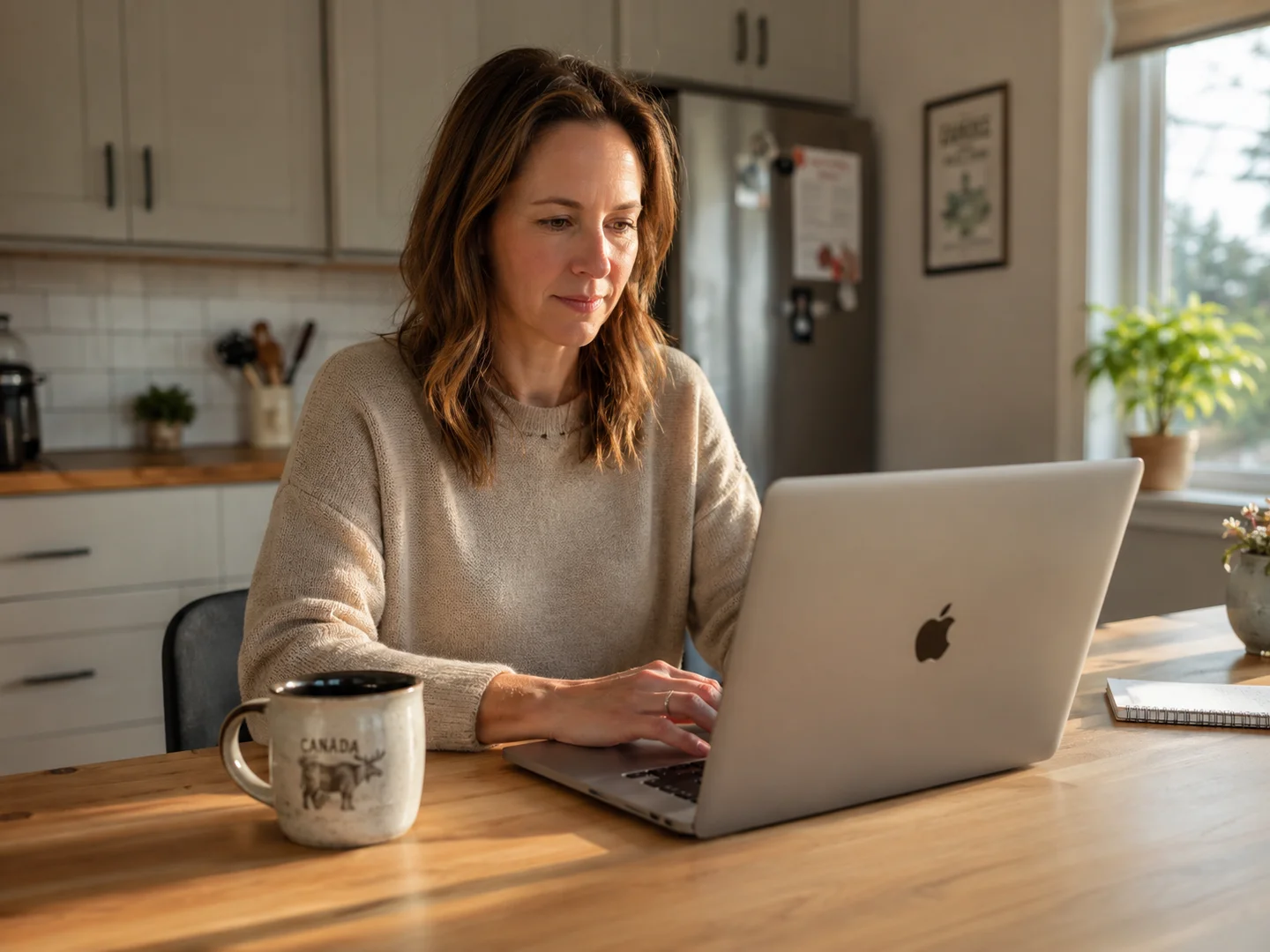 A PAC coordinator composing a school lunch update email to parents on a laptop at a bright kitchen table