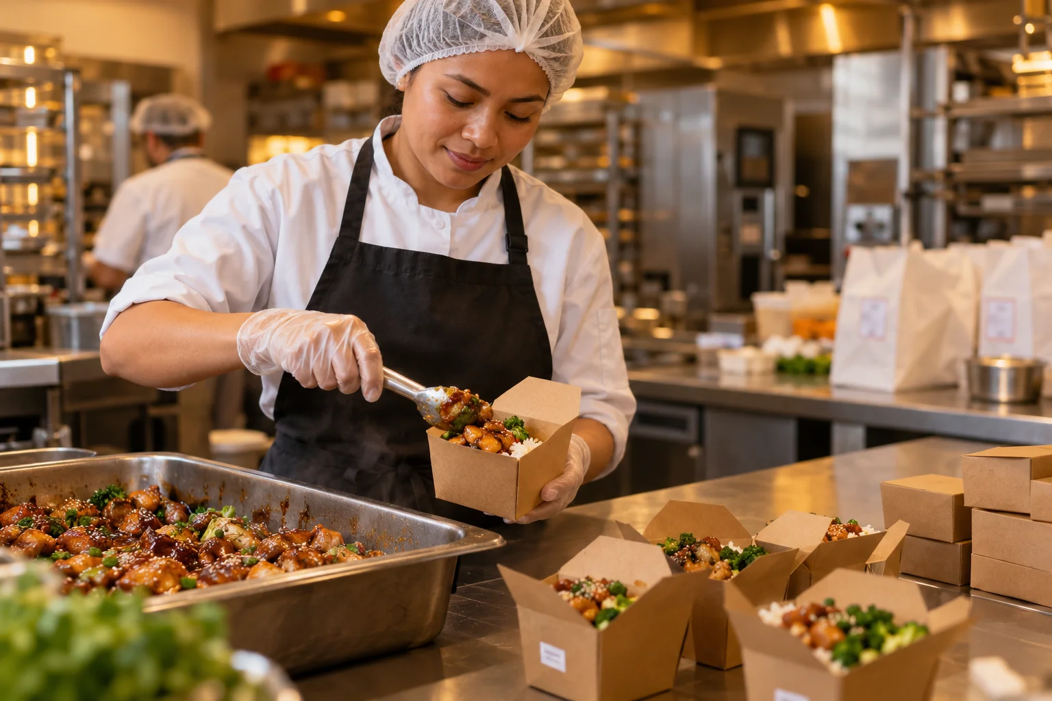 Kitchen worker packing nut-free school lunches with gloves