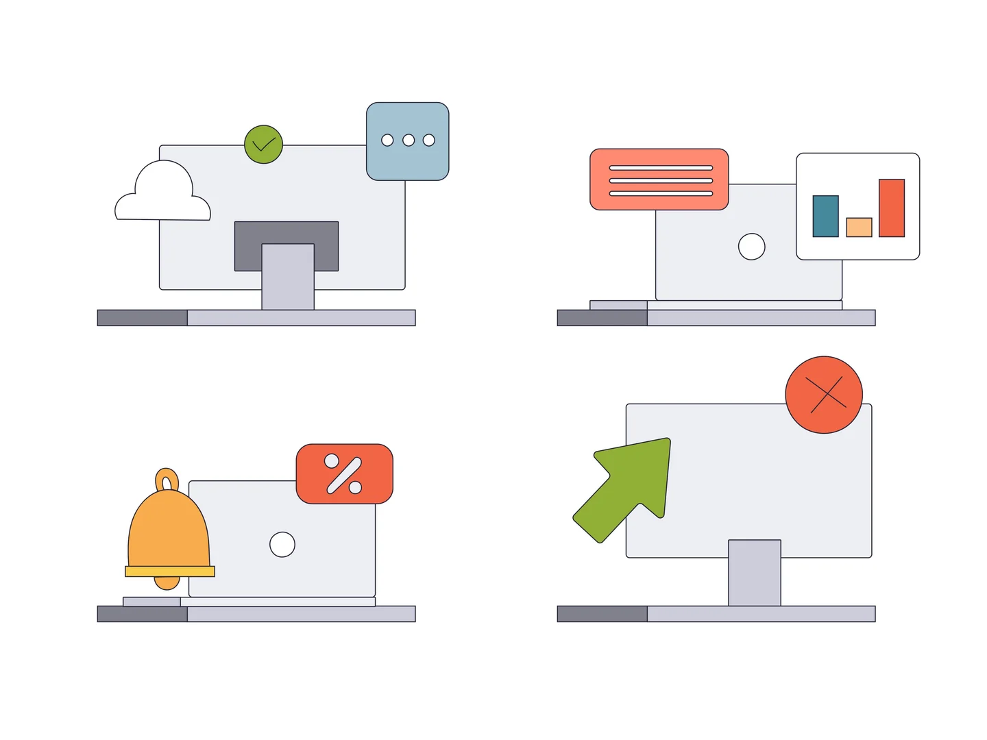 Illustration of digital school lunch platform features including dashboards, reminders, and notifications.