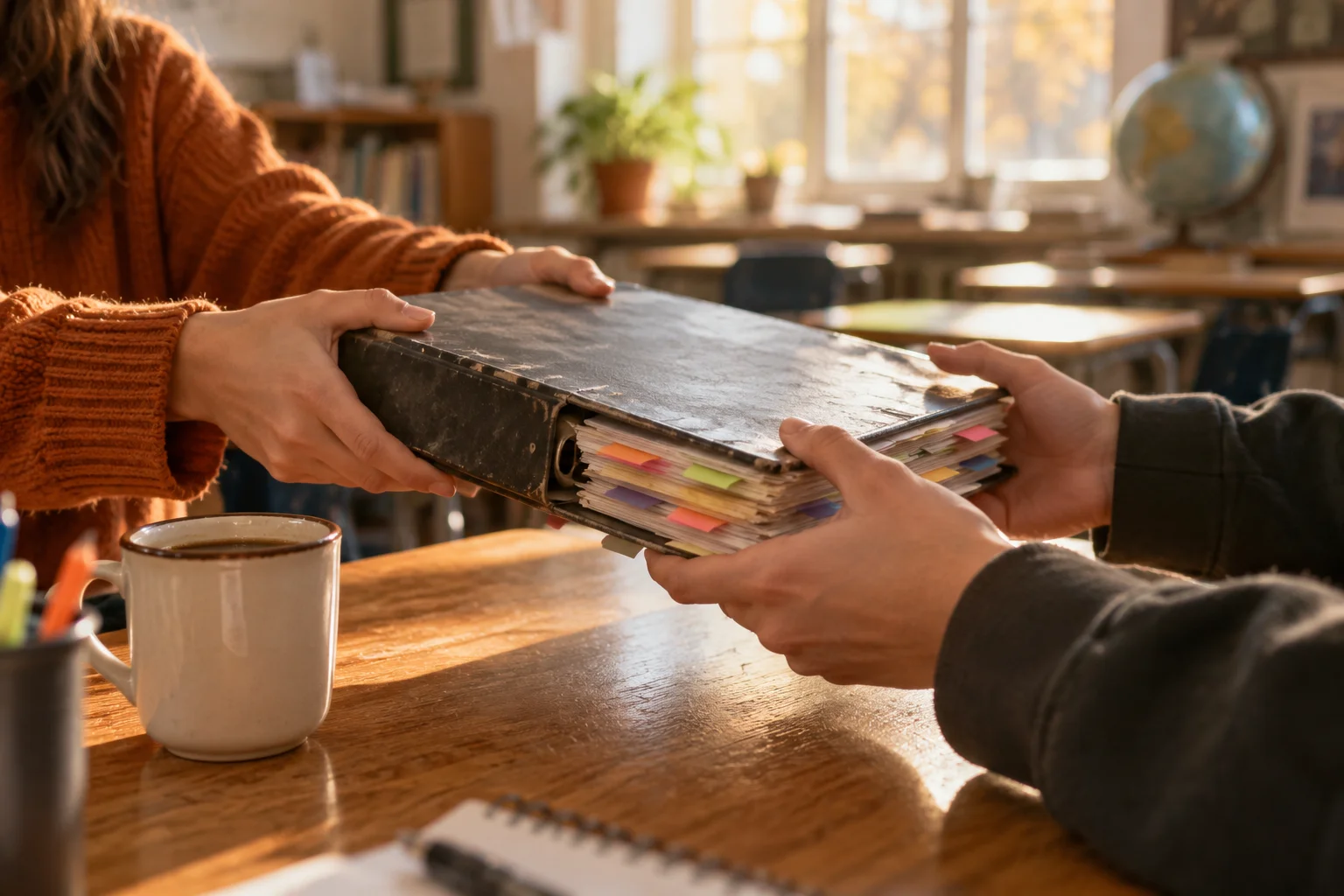 Close-up of hands passing a hot lunch program binder