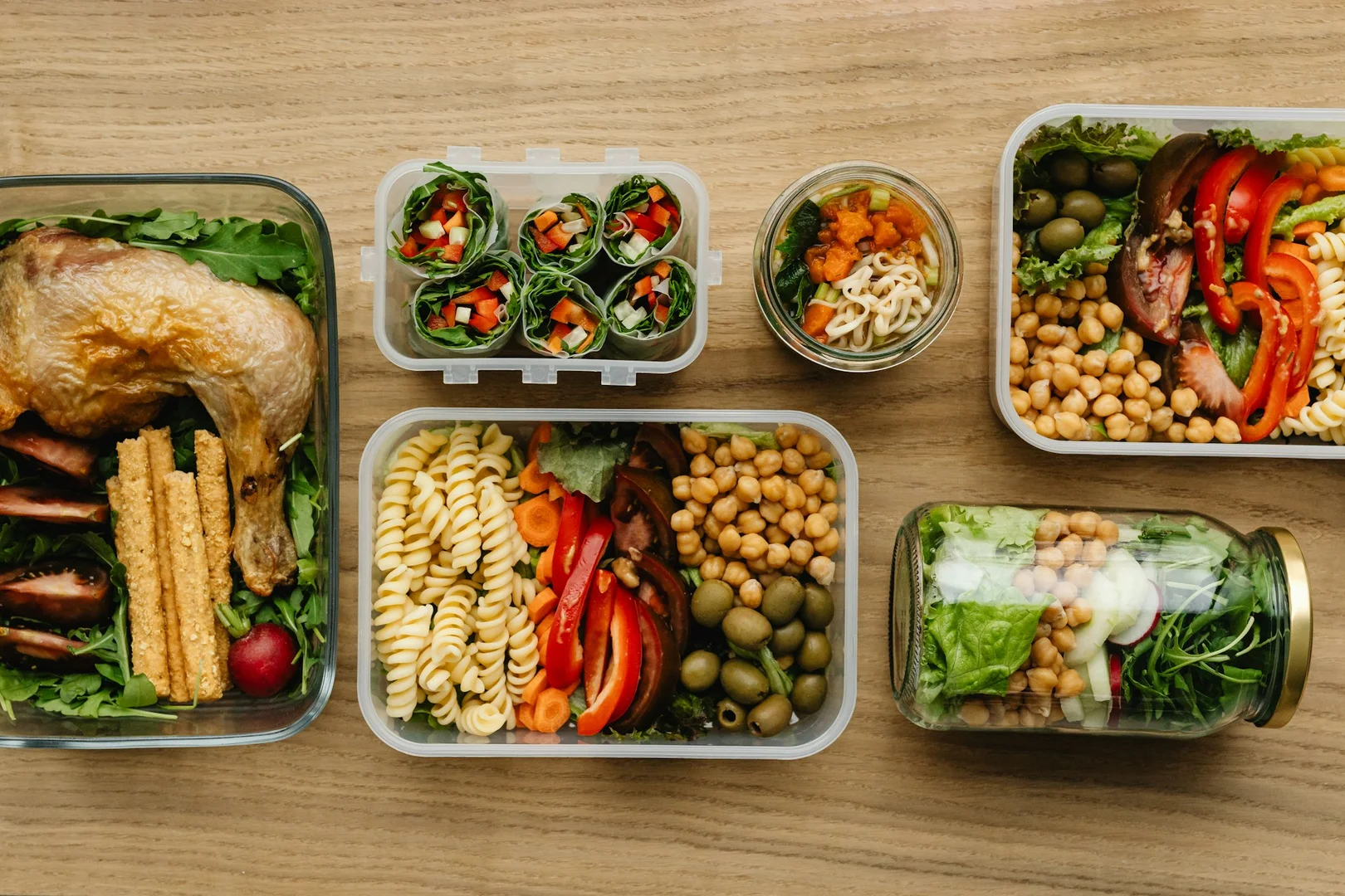 Assorted high-protein school lunches with chicken, chickpeas, pasta, and fresh vegetables in reusable containers.