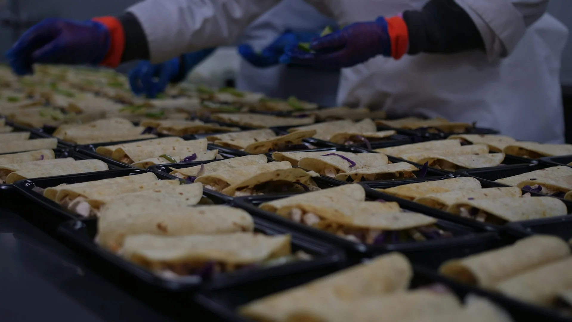 Staff preparing packaged school lunch meals following food safety standards.
