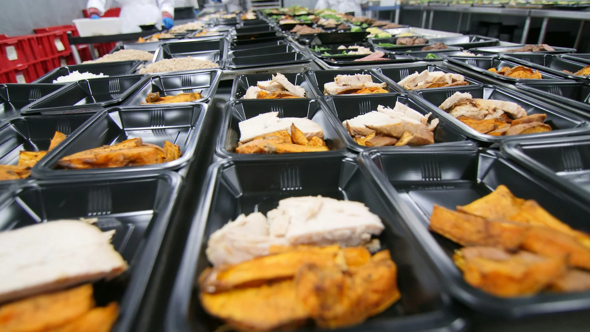 Prepared school lunch meals organized in containers for large-volume delivery.