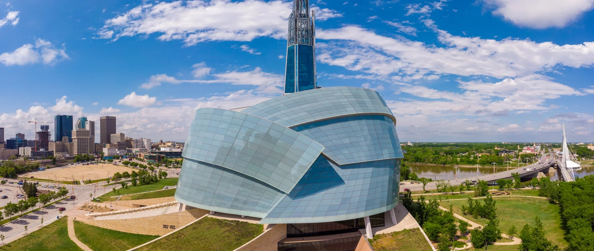 Aerial view of the Canadian Museum for Human Rights in Winnipeg, Manitoba, on a sunny day.
